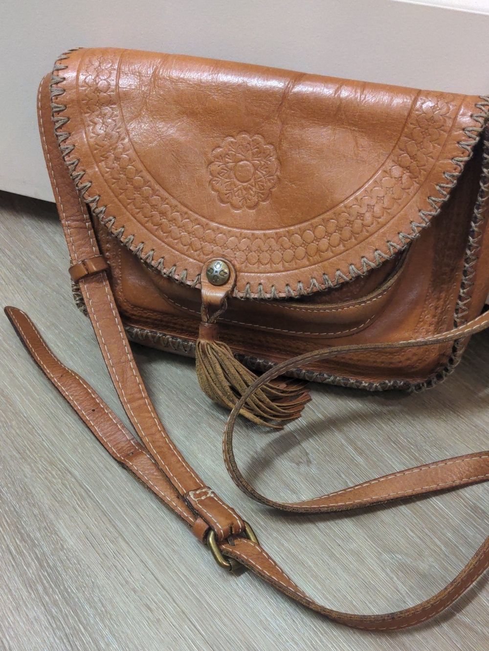 Patricia Nash Tan Embossed Leather Crossbody Bag with Tassel